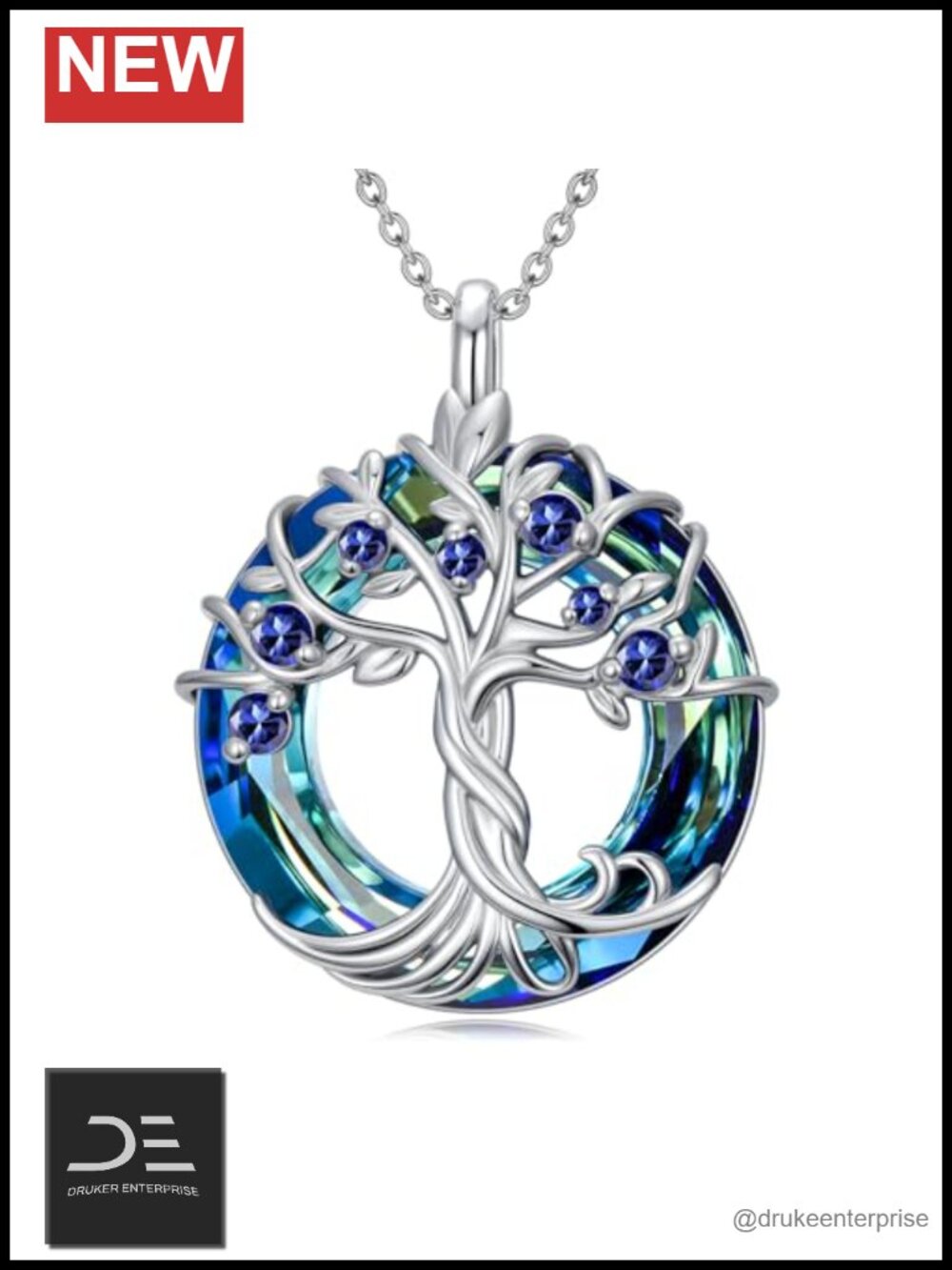 925 Sterling Silver Tree of Life Birthstone Necklace, Blue Crystal Pendant
